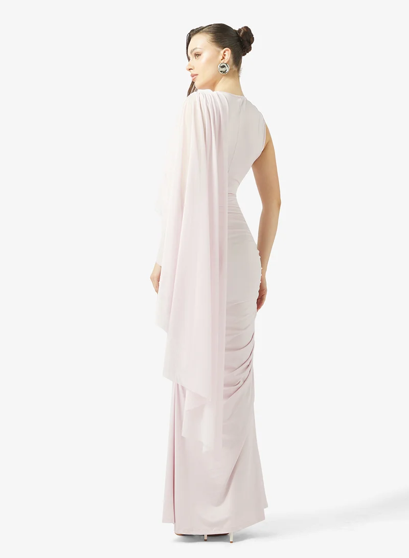 جينجر Draped Bodycon Dress with Mesh Cape